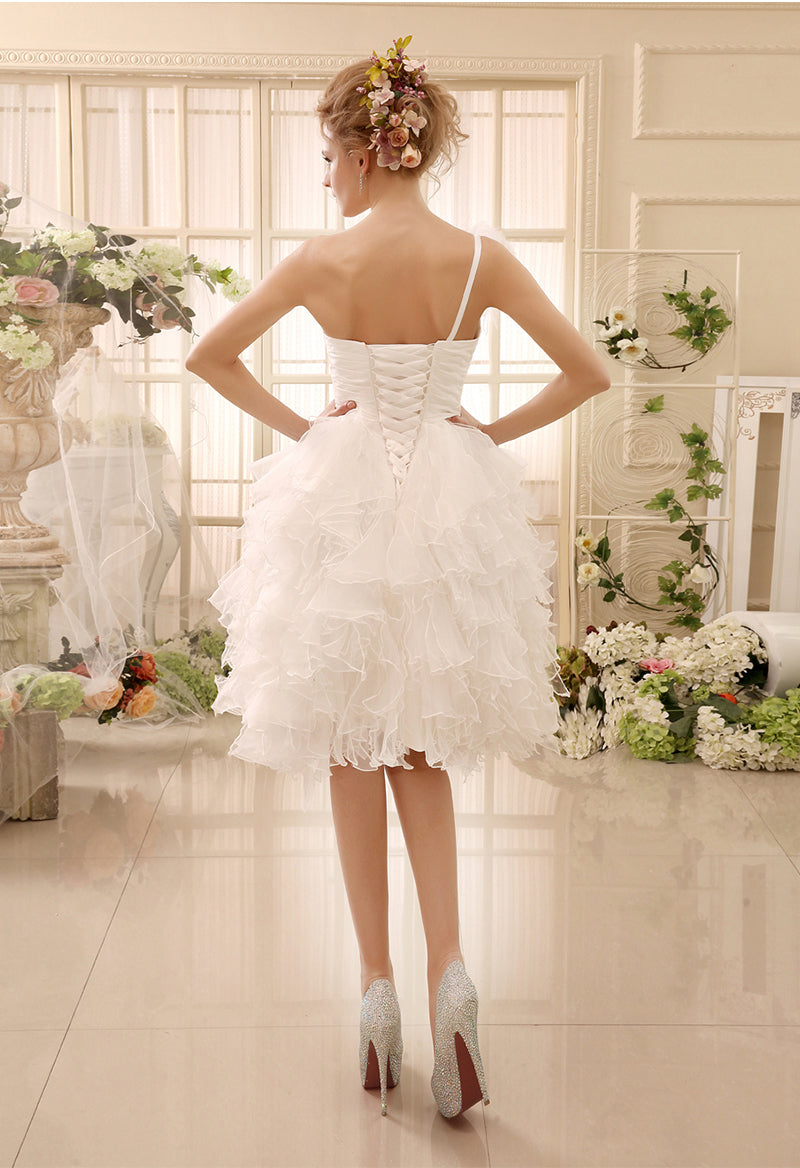 A Line One Shoulder Organza Flowers Pleated Tea Length Wedding Dress