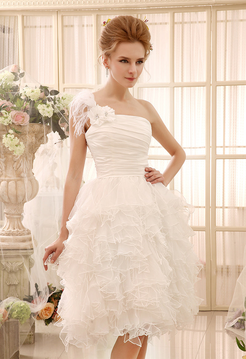 A Line One Shoulder Organza Flowers Pleated Tea Length Wedding Dress