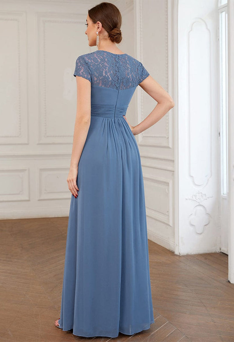 Square Neck Chiffon Pleated Short Sleeve Bridesmaid Dress