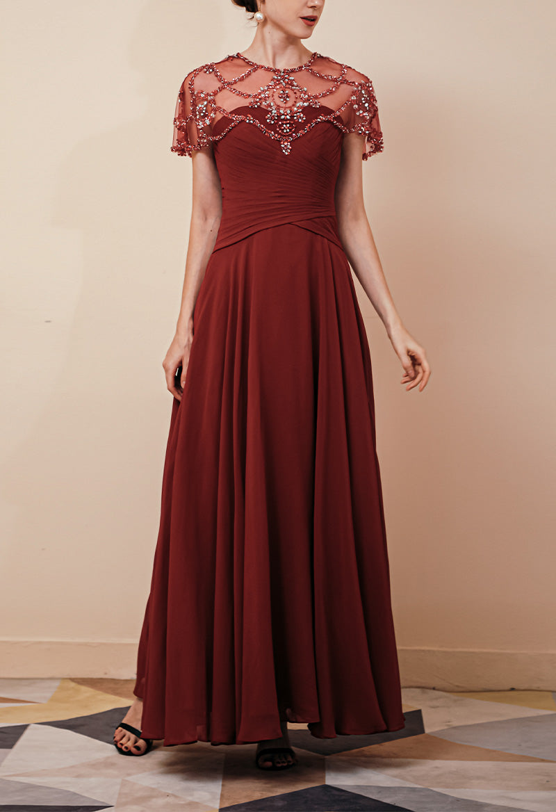 Scoop Neck Beaded Short Sleeves A Line Floor Length Chiffon Mother Of The Bride Dress Red