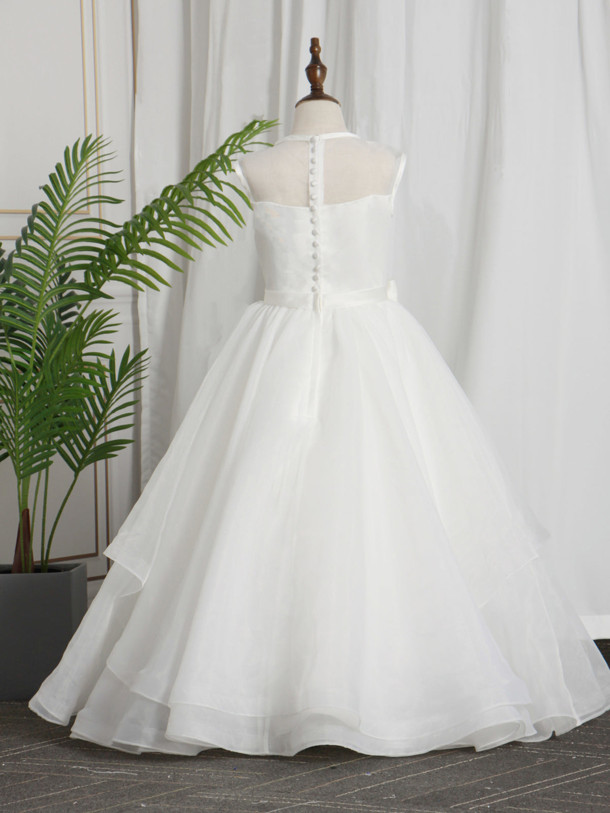 Illusion Neckline Tulle Sleeveless Flower Girl Ball Gown With Belt