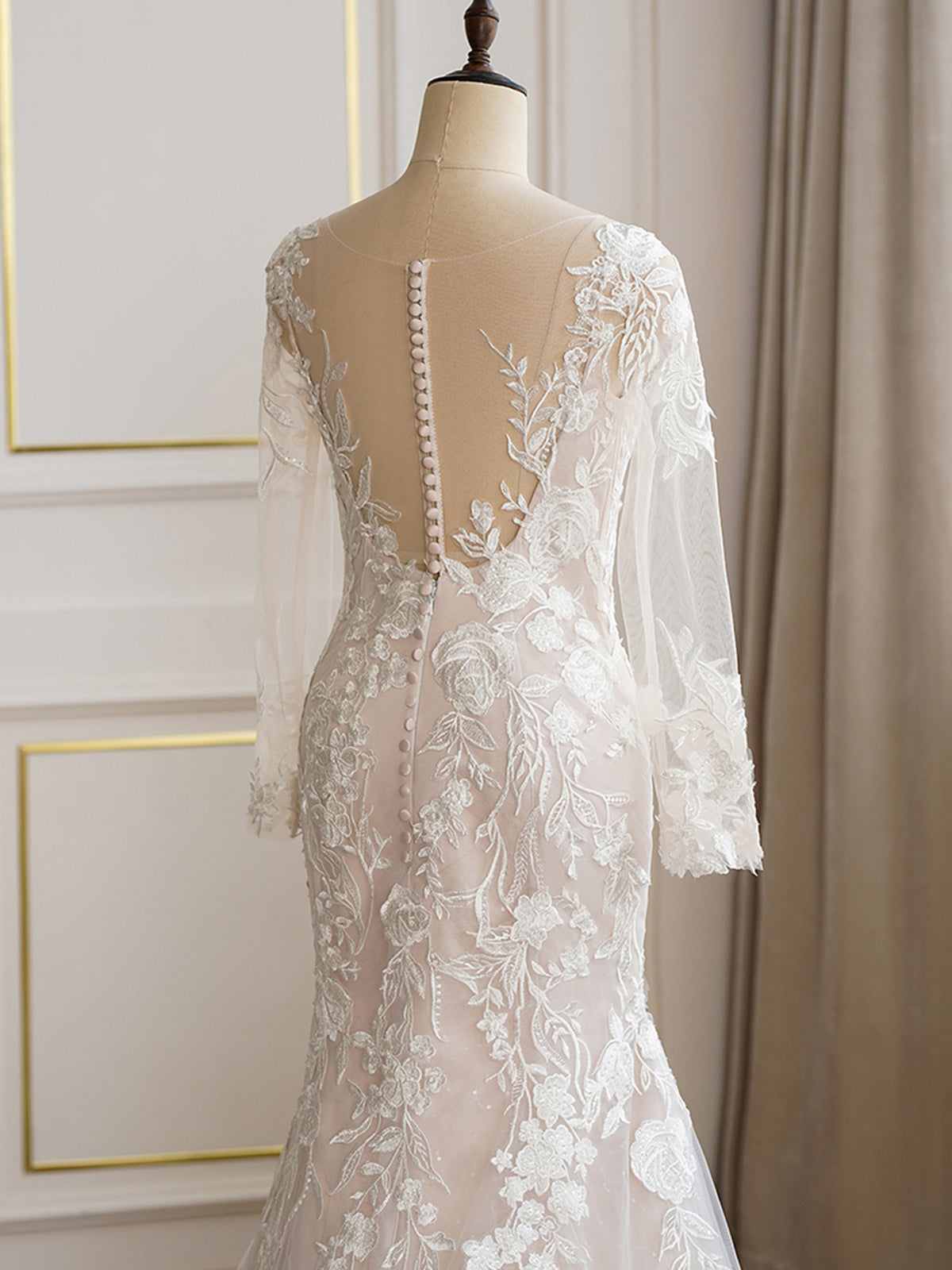 Illusion Neckline Long Sleeve Lace Floral Wedding Dress