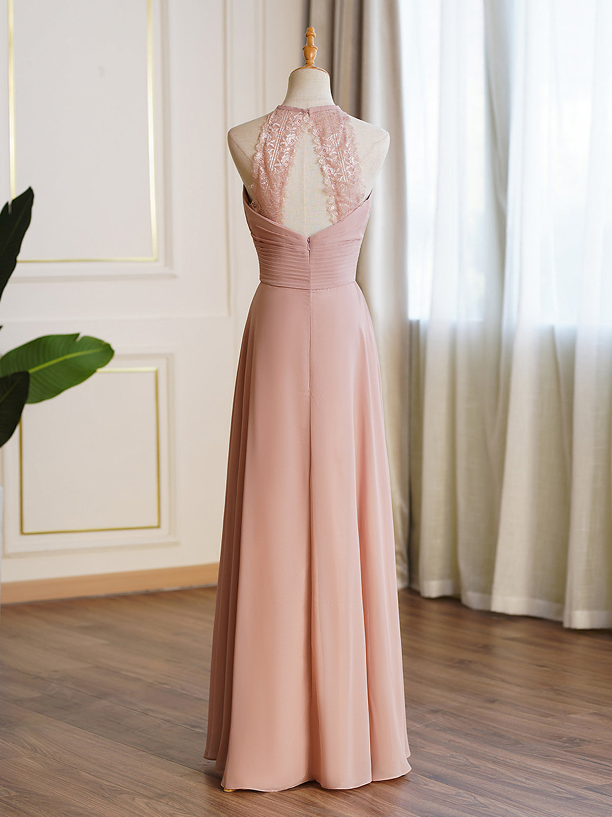 Halter Lace Open Back Bridesmaid Dress