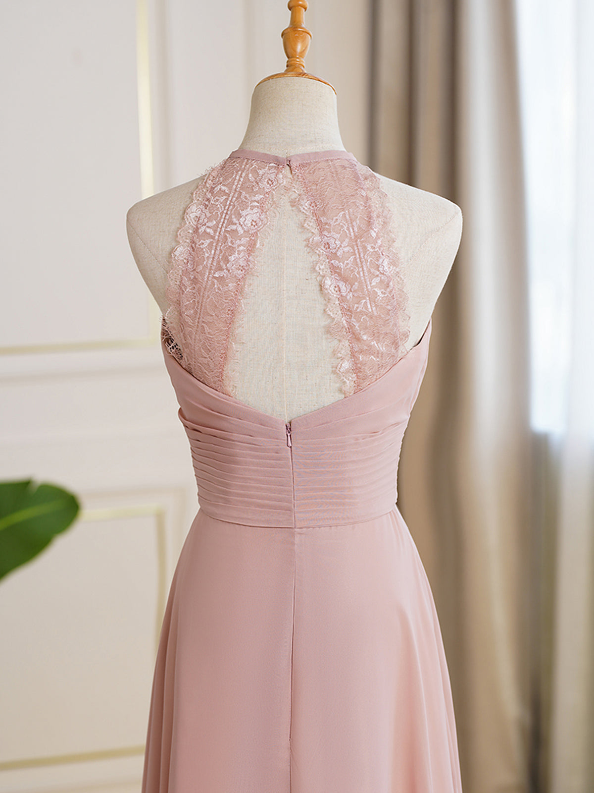 Halter Lace Open Back Bridesmaid Dress