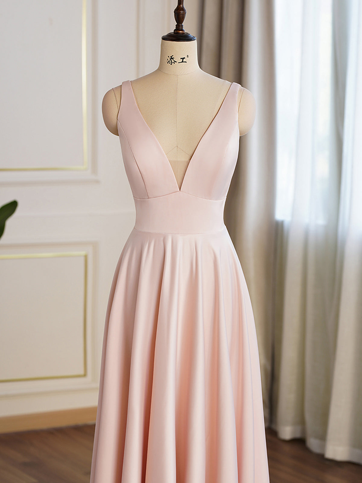 Pearl Pink Deep V Satin Aline Prom Dress