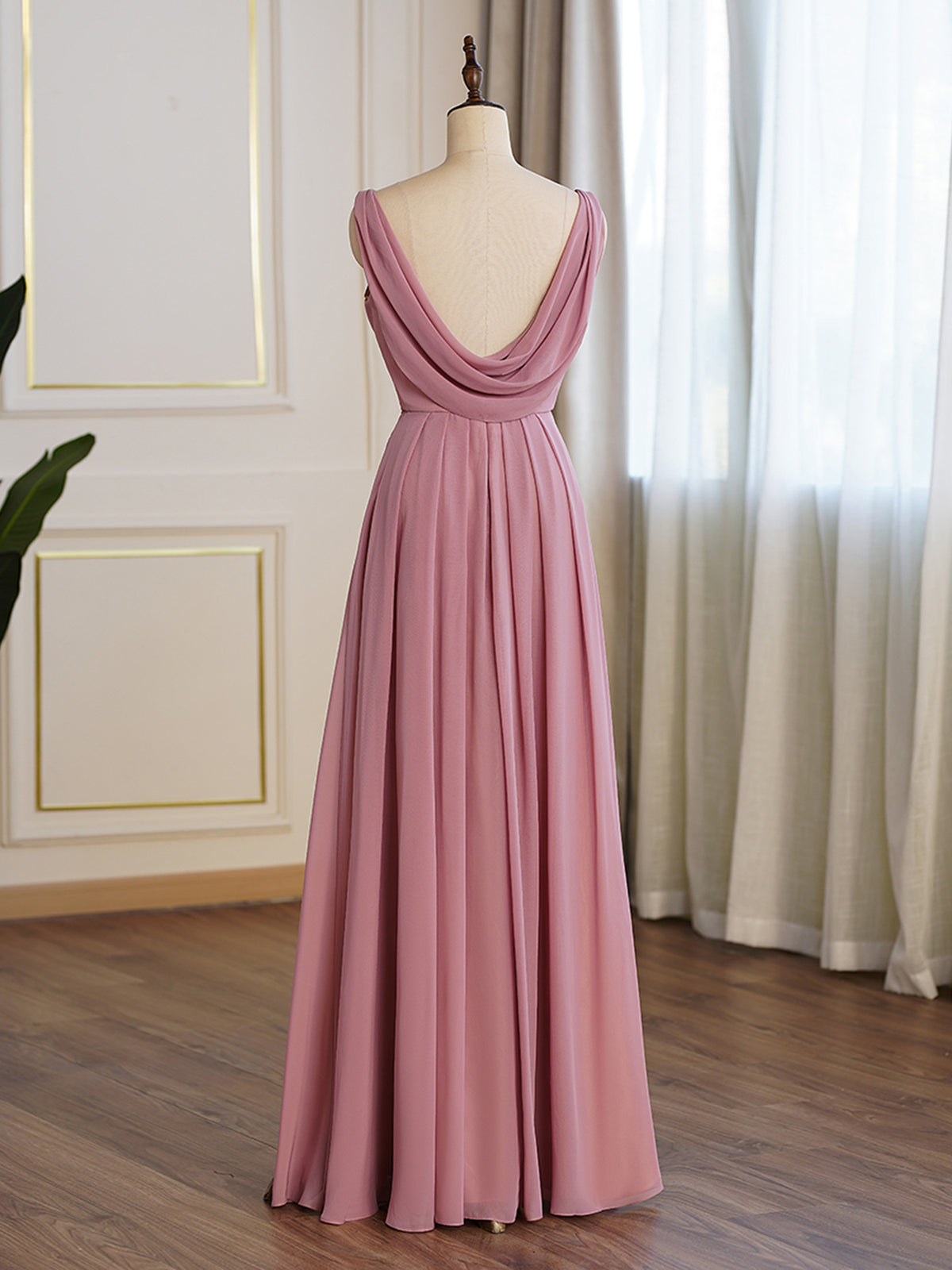 Candy Pink Cowl Strap Simple Bridesmaid Gown