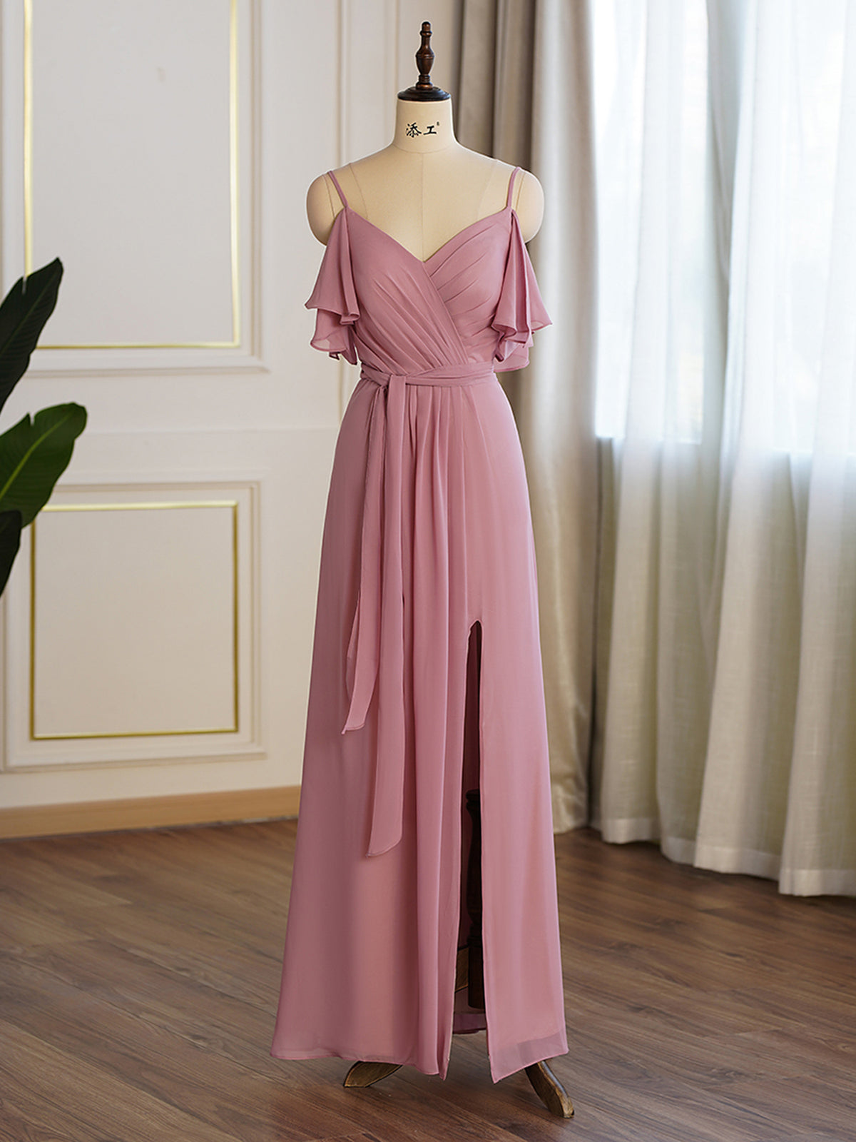 Spaghetti Strap Ruffle Side Split Aline Bridesmaid Gown As Picture