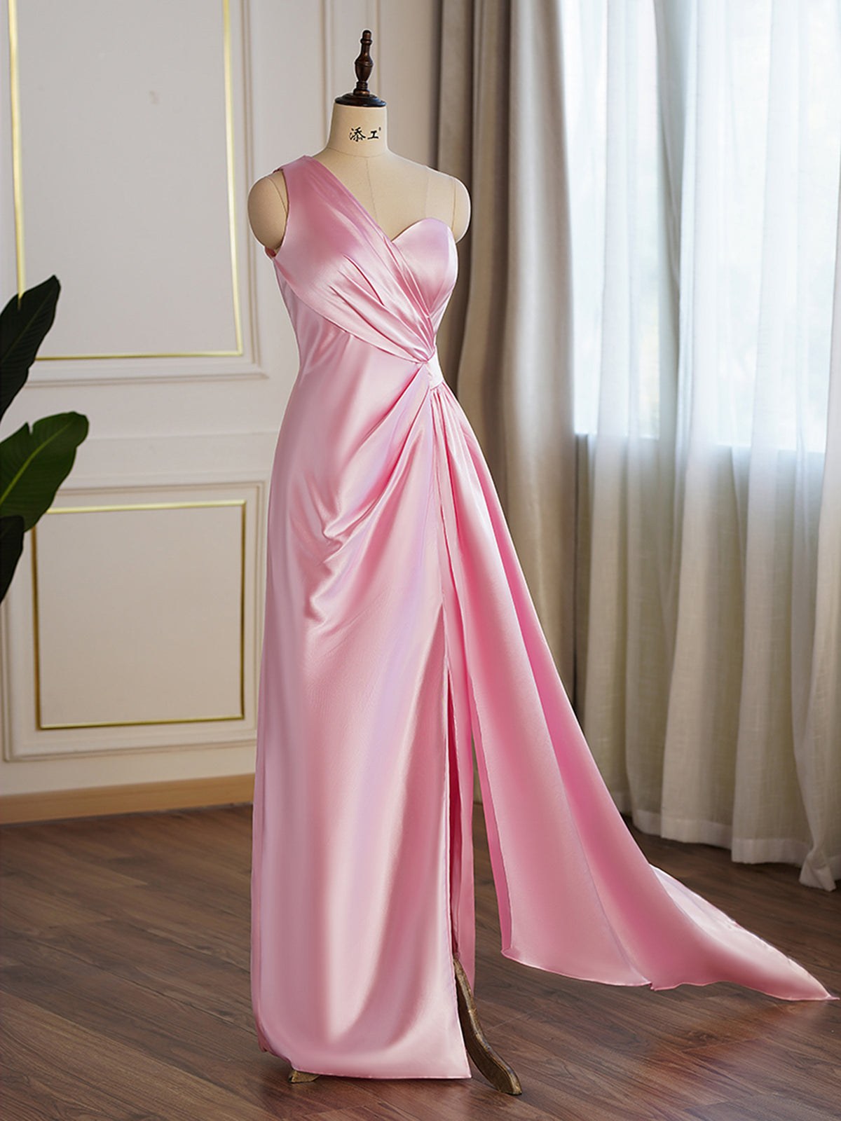 Satin One-Shoulder Side Split Bridesmaid Dress As Picture