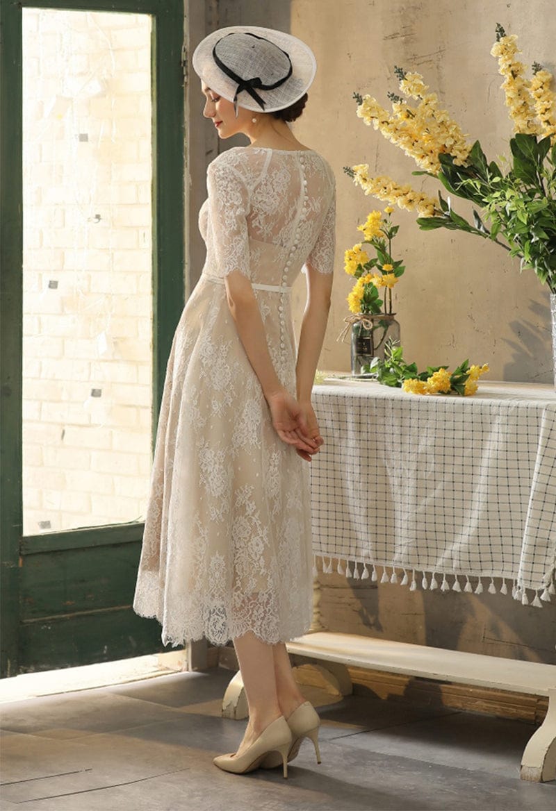 Tea Length A-Line Half Sleeve Illusion Neck Sash Appliques Wedding Dress