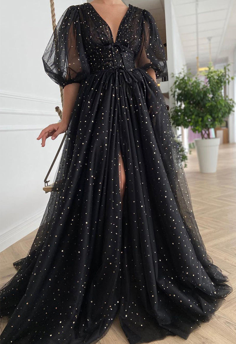 V Neck Slit Sparkly Lace Puff Sleeve Evening Dress As Picture