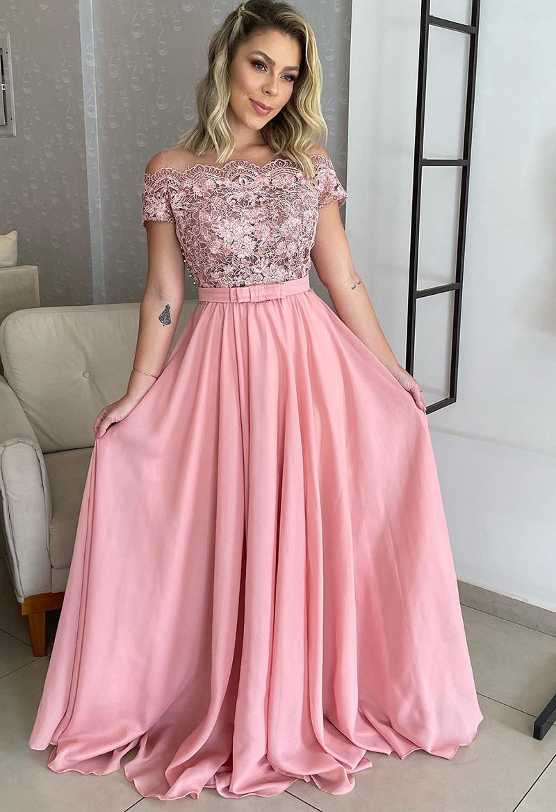 Jeweled Satin Lace Short Sleeve Belted Prom Dress