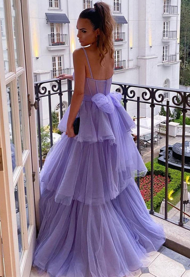 Layered Tulle Strap Lace-Up Evening Dress