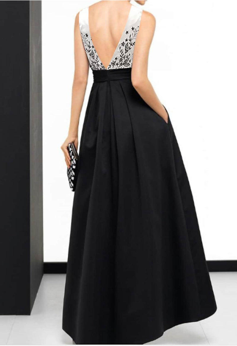 Embroidered Sleeveless Open Back Evening Dress