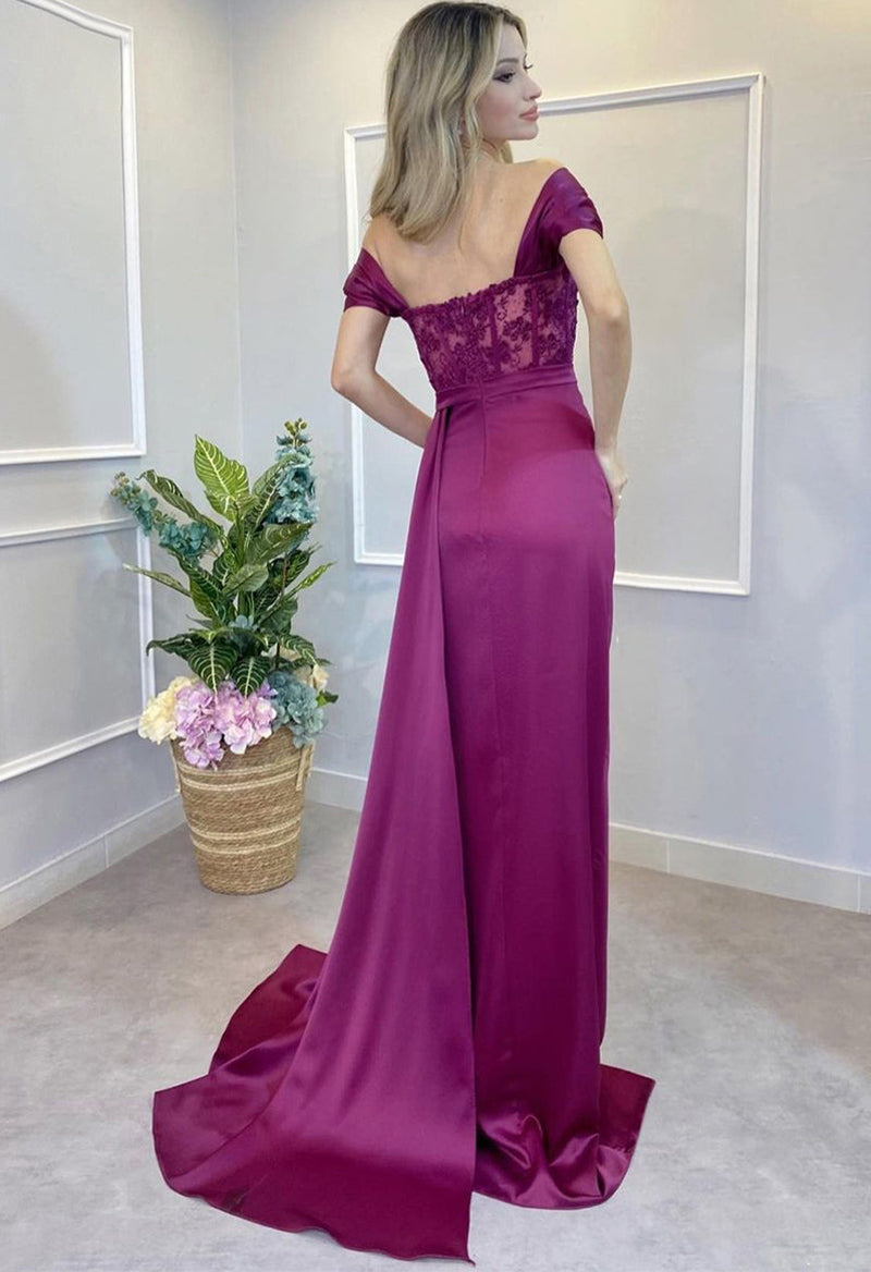 Satin Appliquéd Cap-Sleeve Slit Jeweled Neck Evening Dress