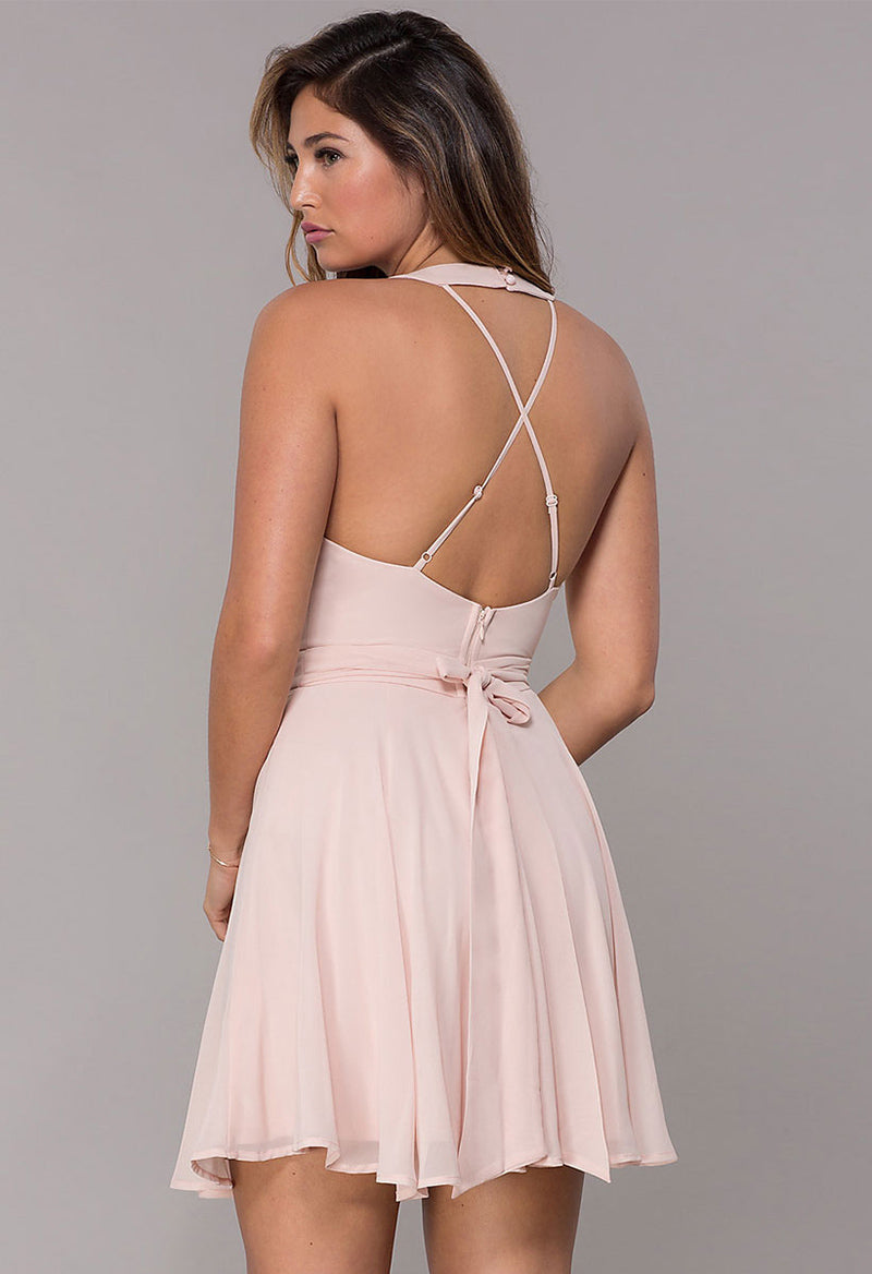 Simple V Neck Chiffon Sleeveless Homecoming Dress