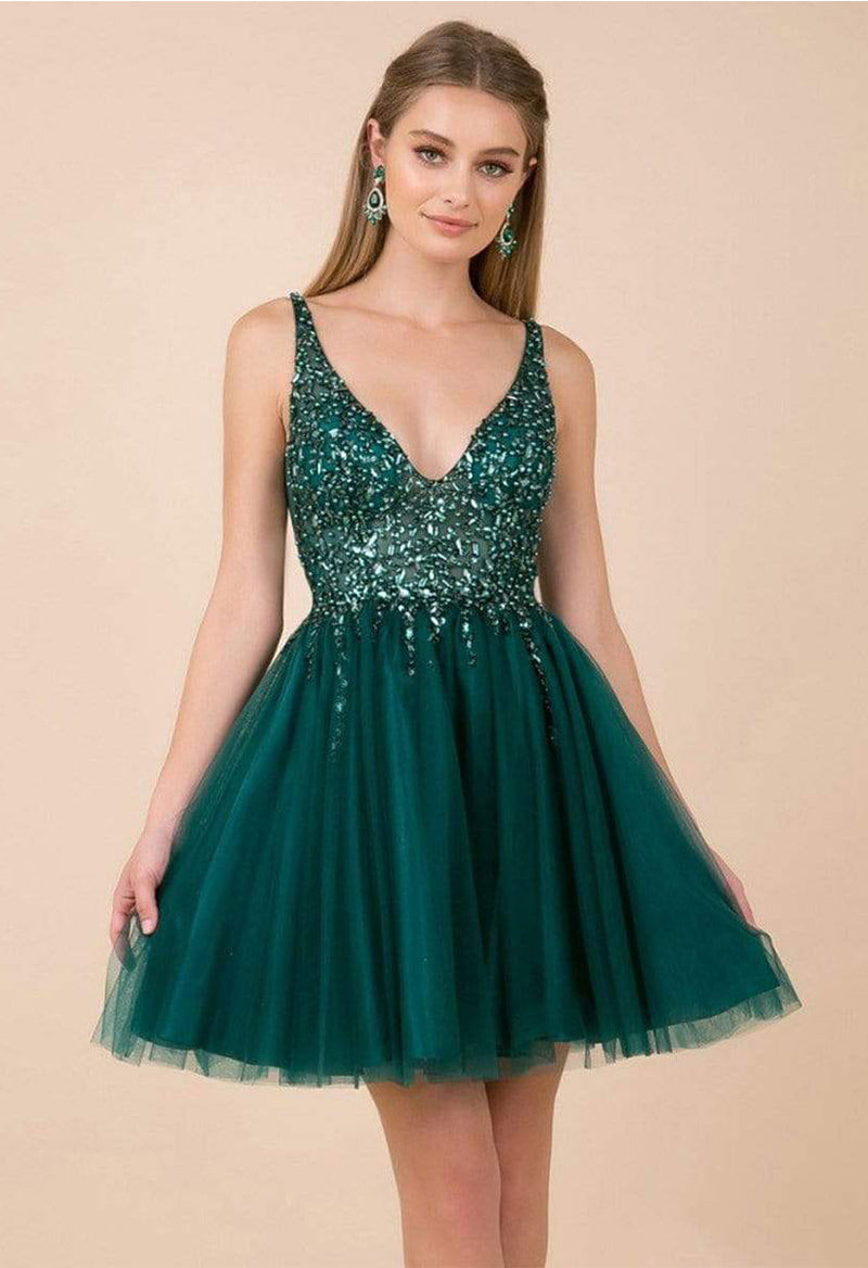 V Neck Sequin Tulle Sleeveless Open Back Homecoming Dress