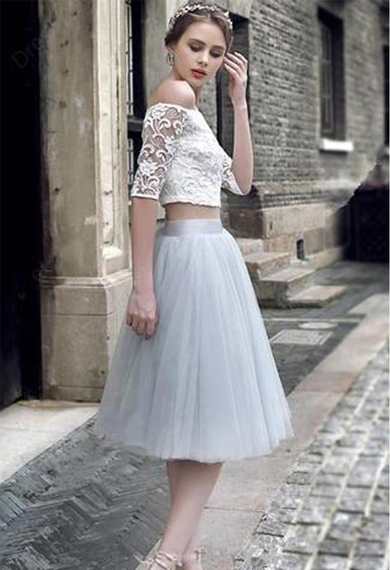 Off The Shoulder Half-Sleeved Tulle Lace Two-Piece Homecoming Dress