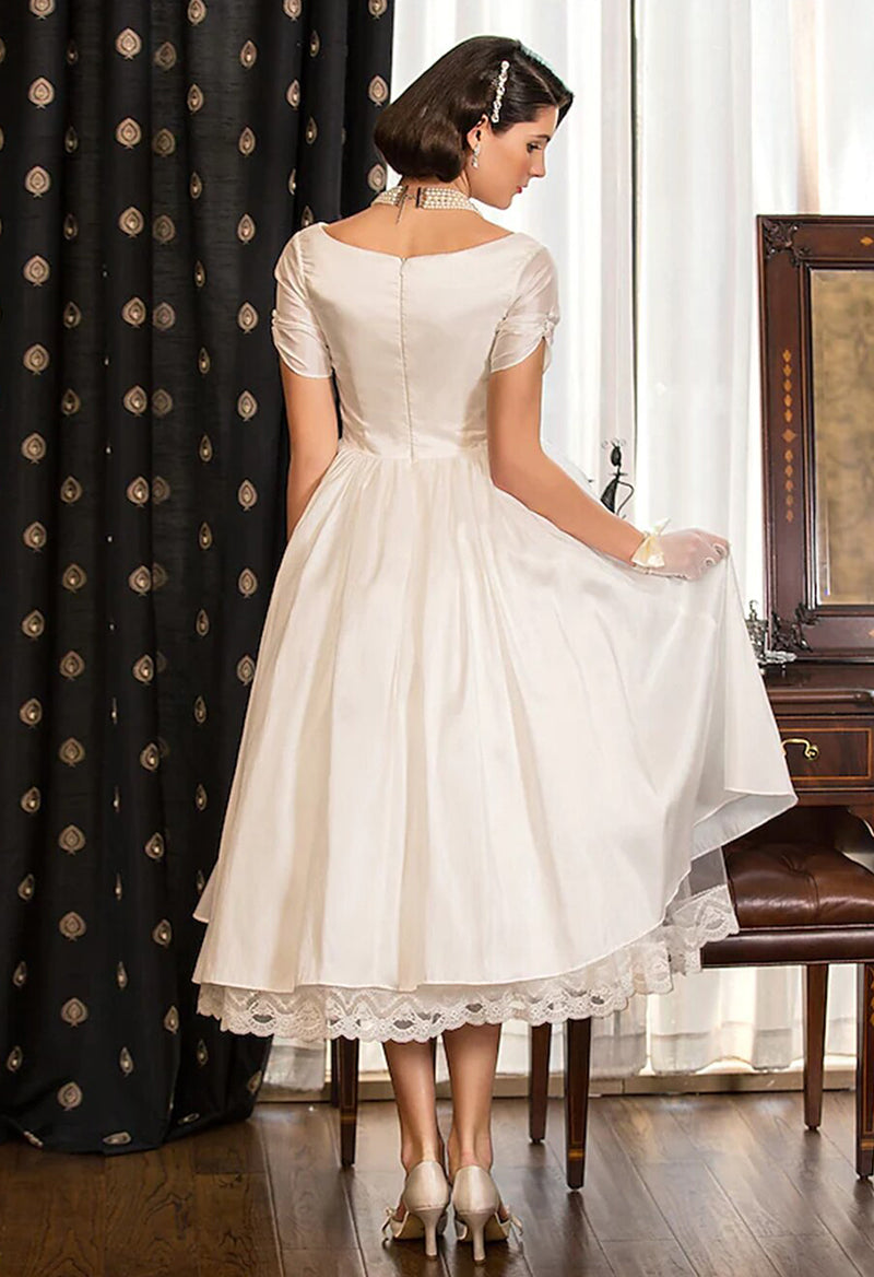 Tea Length A-Line Short Sleeve V Neck Lace Criss Cross Wedding Dress