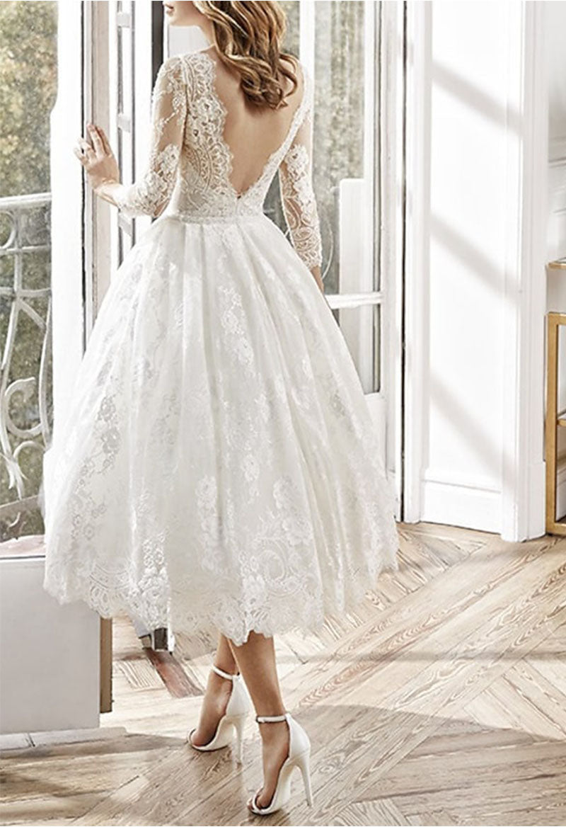 A-Line Long Sleeve Jewel Neck Lace Appliques Wedding Dress