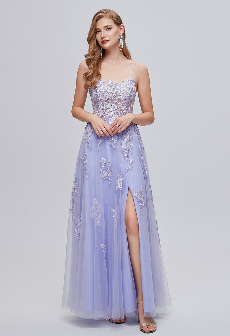 Tulle Appliquéd Slit Straps Sleeveless Criss-Cross Prom Dress Purple