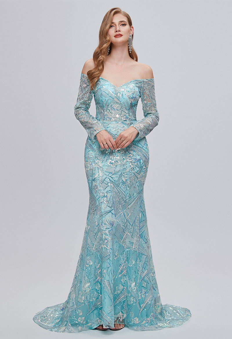 Sweetheart Neck Long Sleeve Lace Sequin Sweep Train Evening Dress