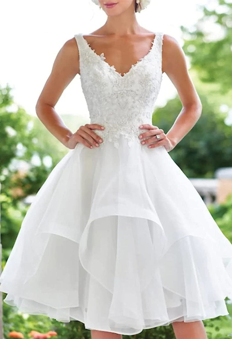 Vintage Knee Length A-Line Sleeveless V-Neck Appliques Ruffle Wedding Dress As Picture