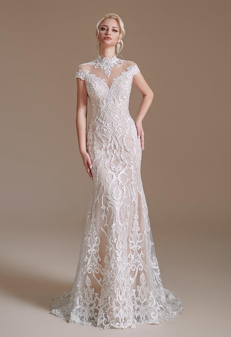 High Neck Cap Sleeve A-Line Appliquéd Wedding Dress As Picture