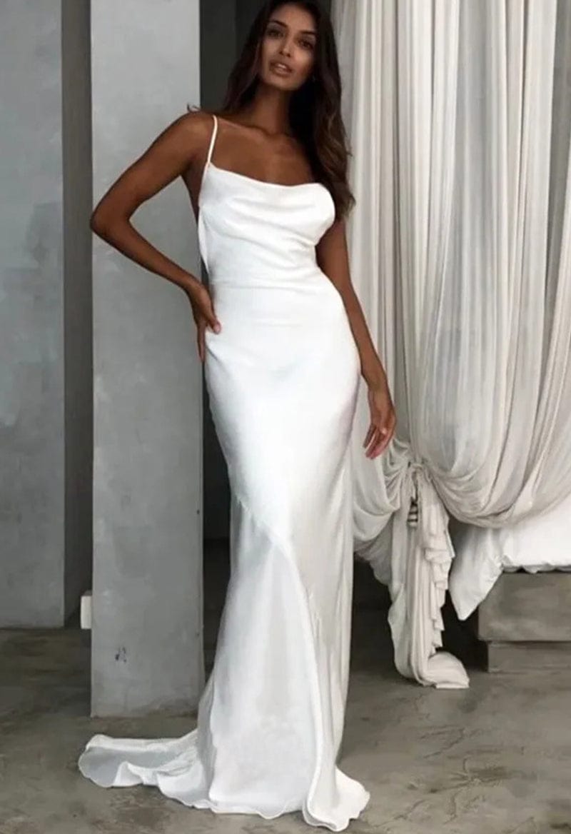 Cowl Neck Spaghetti Straps Satin Sheath Wedding Dress As Picture