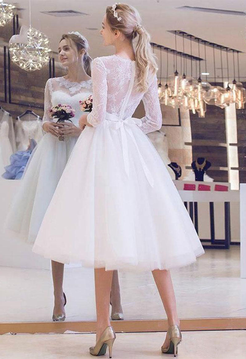 Tea Length A-Line Long Sleeve Scoop Neck Sashes Appliques Wedding Dress