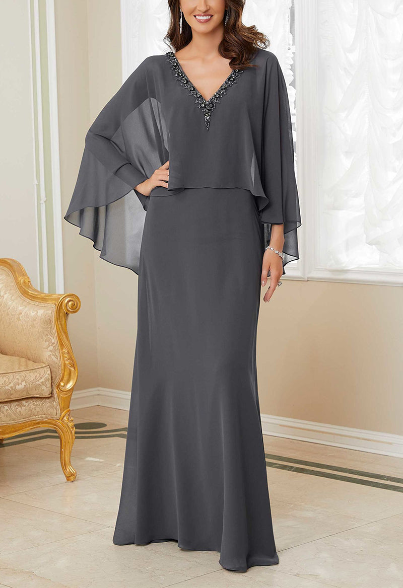 Chiffon V-Neck Beaded Dolman Sleeve Two-Piece Mother of The Bride Dresses Black