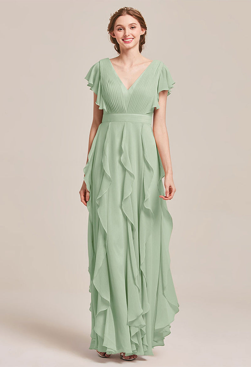 Ruffled V-Neck Pleated Chiffon Bridesmaid Dress As Picture