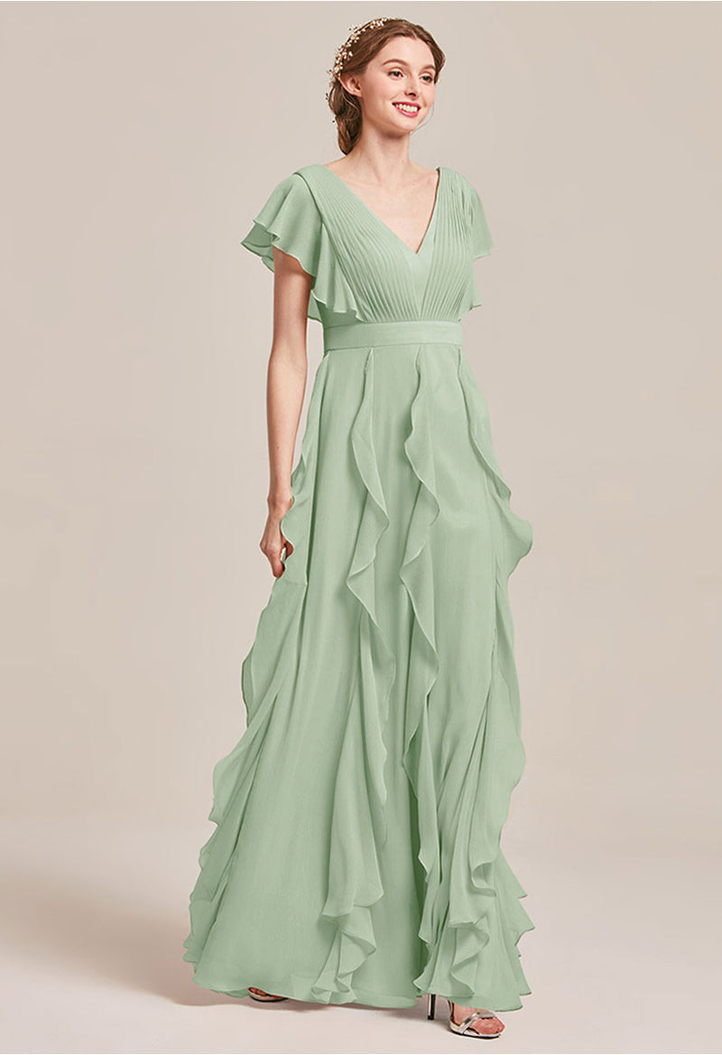 Ruffled V-Neck Pleated Chiffon Bridesmaid Dress