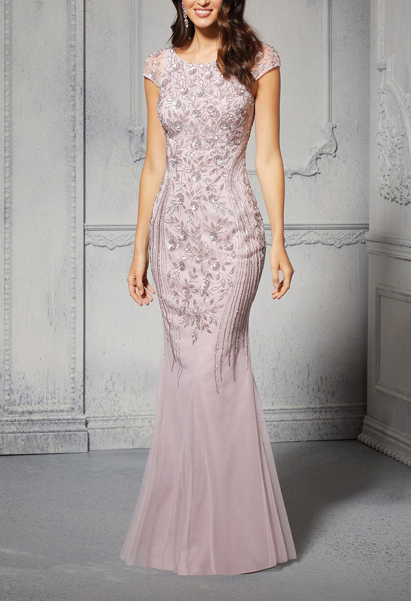 Sequined Scoop Neck Cap Sleeve Sheath Evening Gown Pink