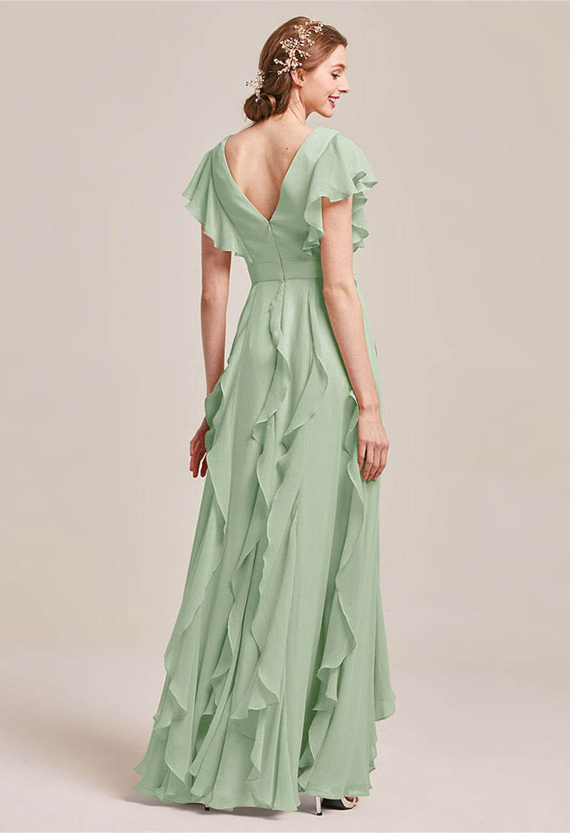 Ruffled V-Neck Pleated Chiffon Bridesmaid Dress