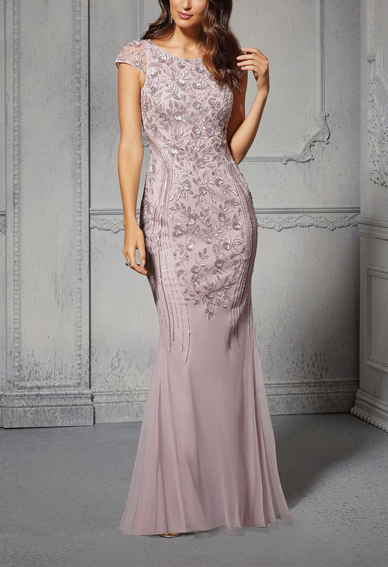 Sequined Scoop Neck Cap Sleeve Sheath Evening Gown