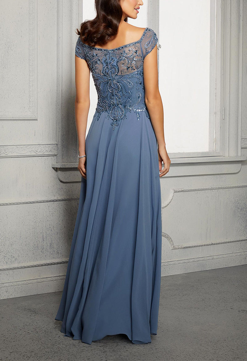 Square Neck Sequined Short Sleeve Chiffon Evening Dress