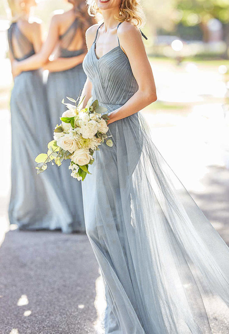 V Neck Pleated Chiffon Tulle Straps Bridesmaid Dress