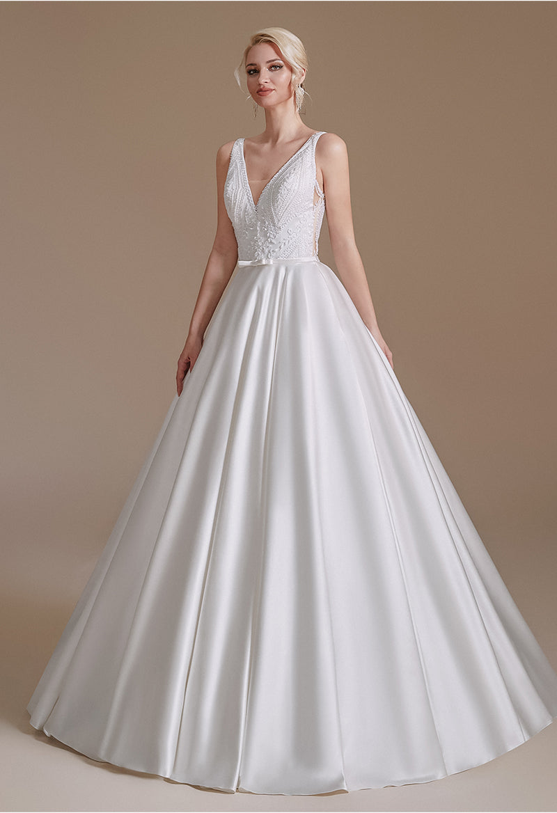 Simple V Neck Satin Tulle Sleeveless Wedding Dress