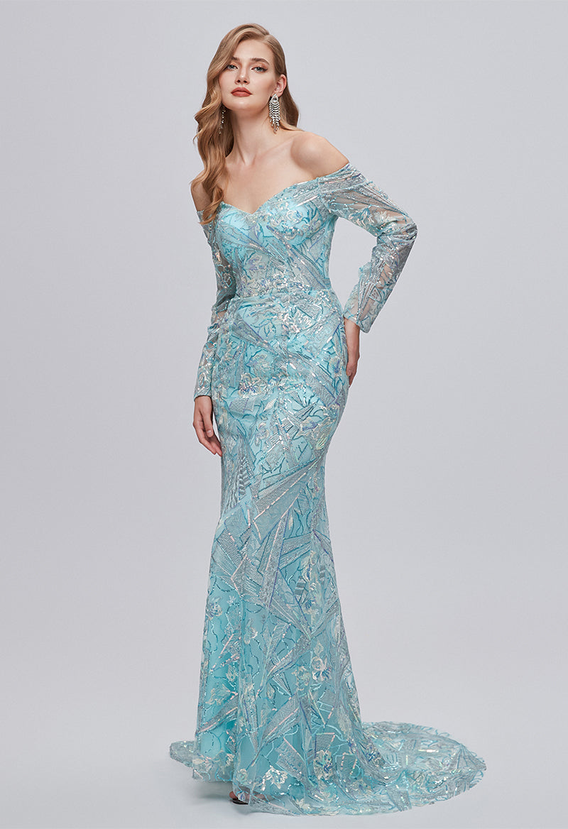 Sweetheart Neck Long Sleeve Lace Sequin Sweep Train Evening Dress