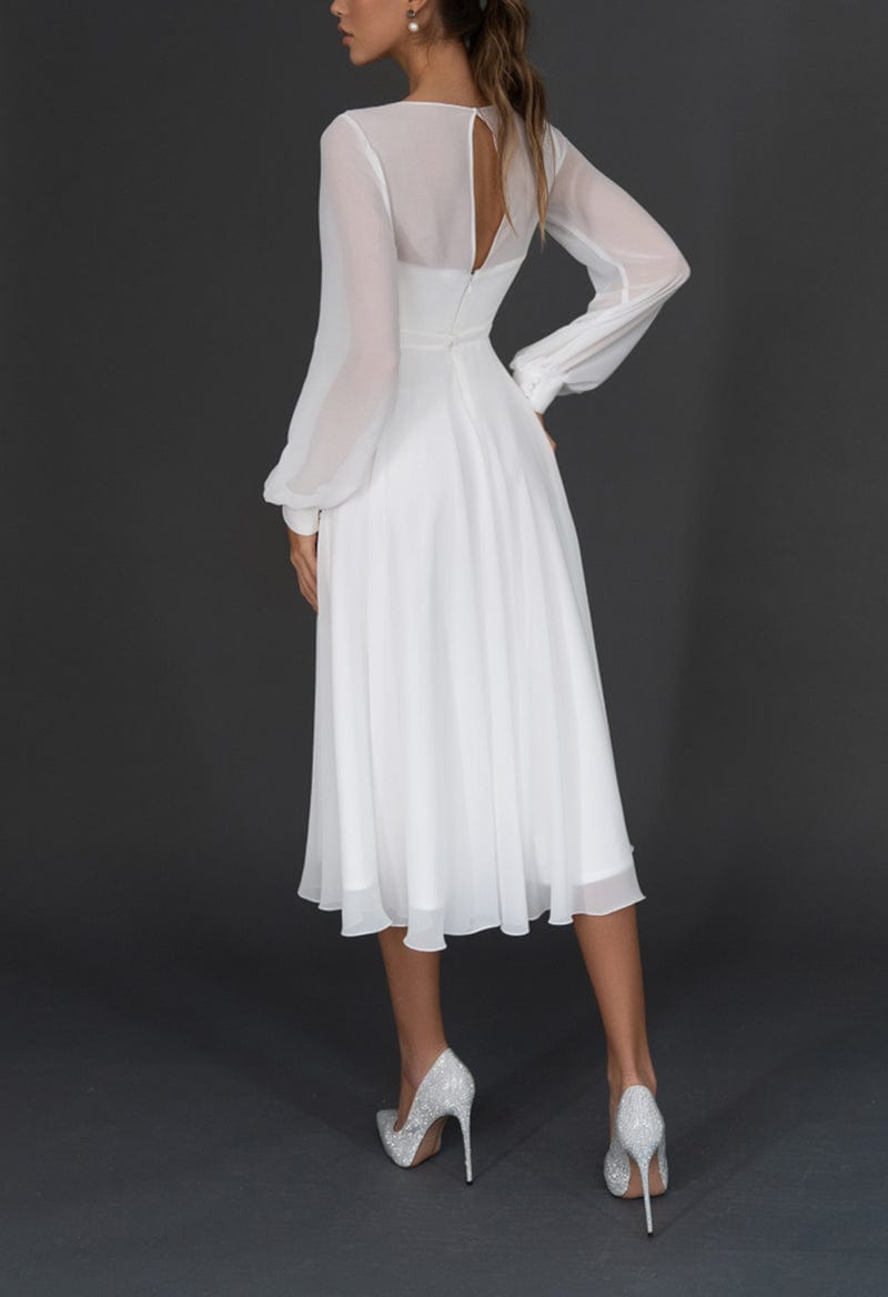 Tea Length A-Line Long Sleeve V-Neck Pleated Chiffon Wedding Dresse