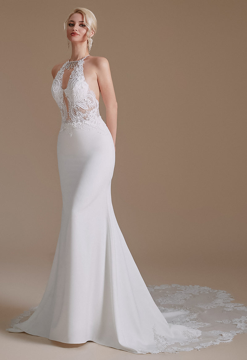 Deep V Neck Halter Neck Crep Open Back Sleeveless Sexy Wedding Dress