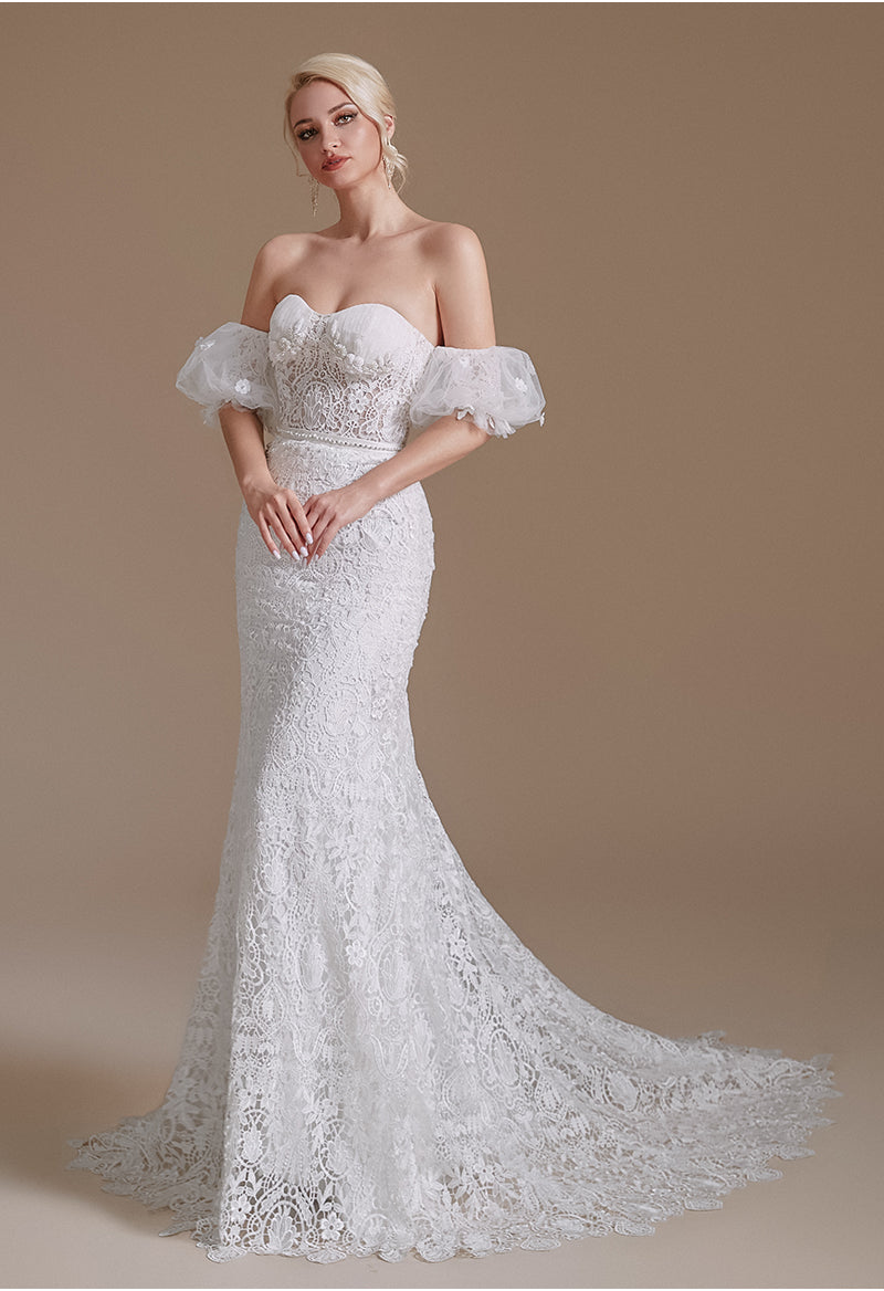 Sweetheart Neck Detachable Sleeves Lace Sweep Train Backless Wedding Dress