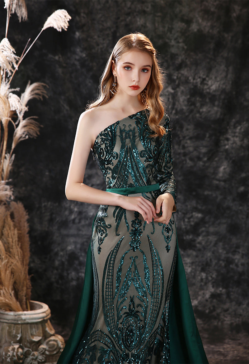 One Shoulder Long Sleeve Sequined Mermaid Evening Dress