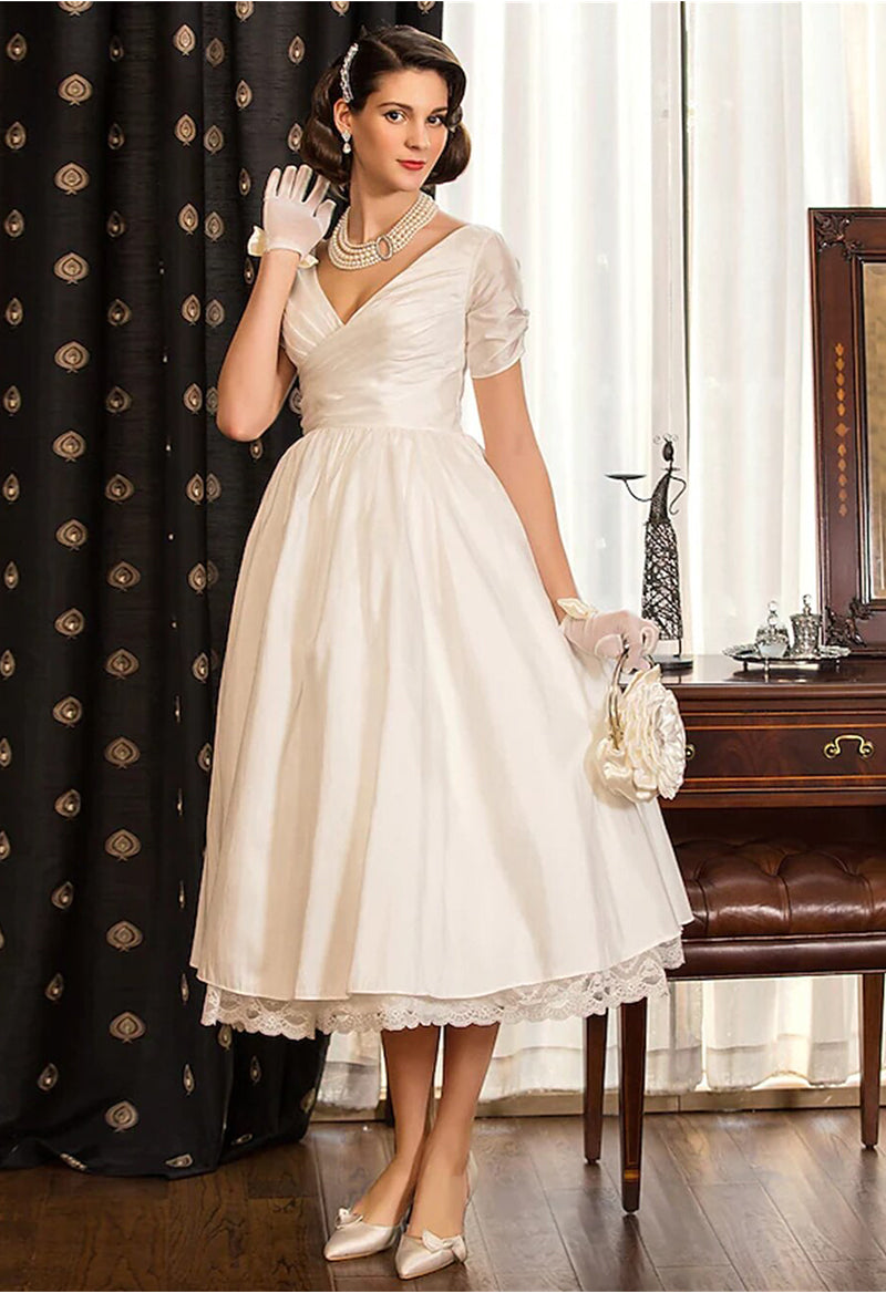 Tea Length A-Line Short Sleeve V Neck Lace Criss Cross Wedding Dress