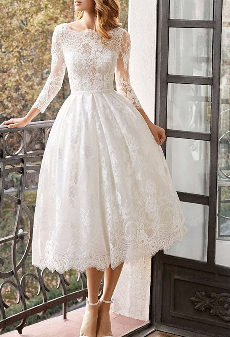 A-Line Long Sleeve Jewel Neck Lace Appliques Wedding Dress As Picture