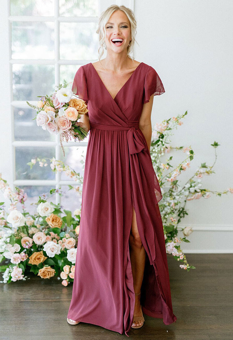 V Neck Chiffon Lace-Up Short Sleeved Bridesmaid Dress As Picture