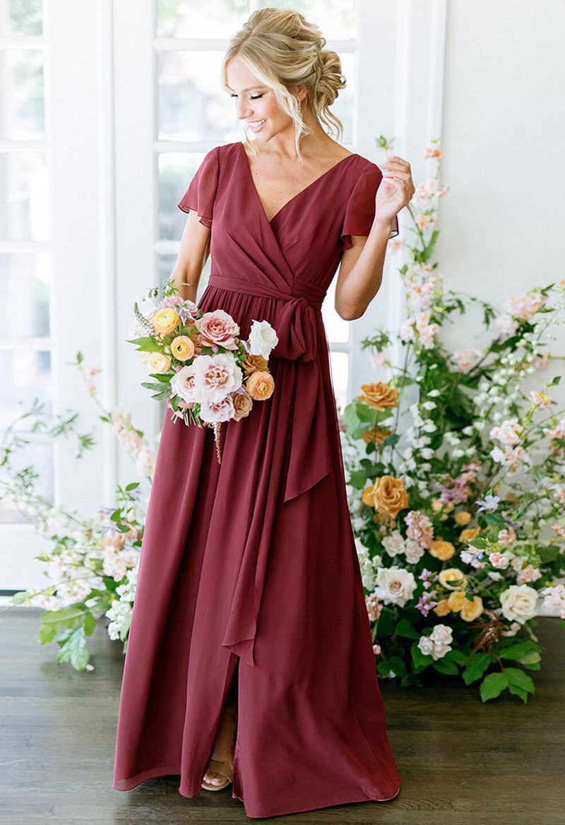 V Neck Chiffon Lace-Up Short Sleeved Bridesmaid Dress