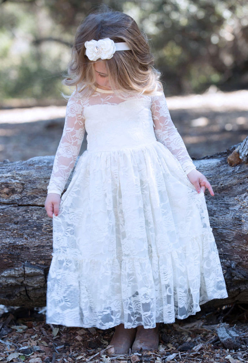 Satin Lace Scoop Neck Long Sleeve Lace-Up Flower Girl Dress As Picture