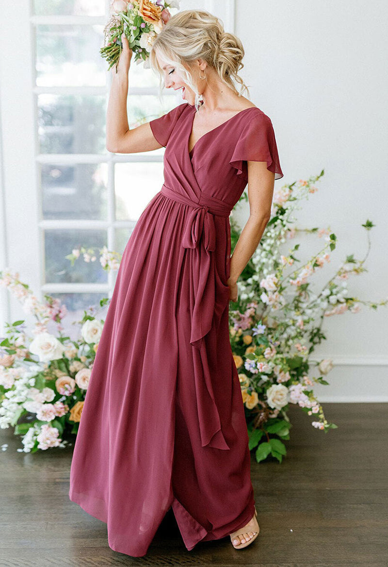 V Neck Chiffon Lace-Up Short Sleeved Bridesmaid Dress