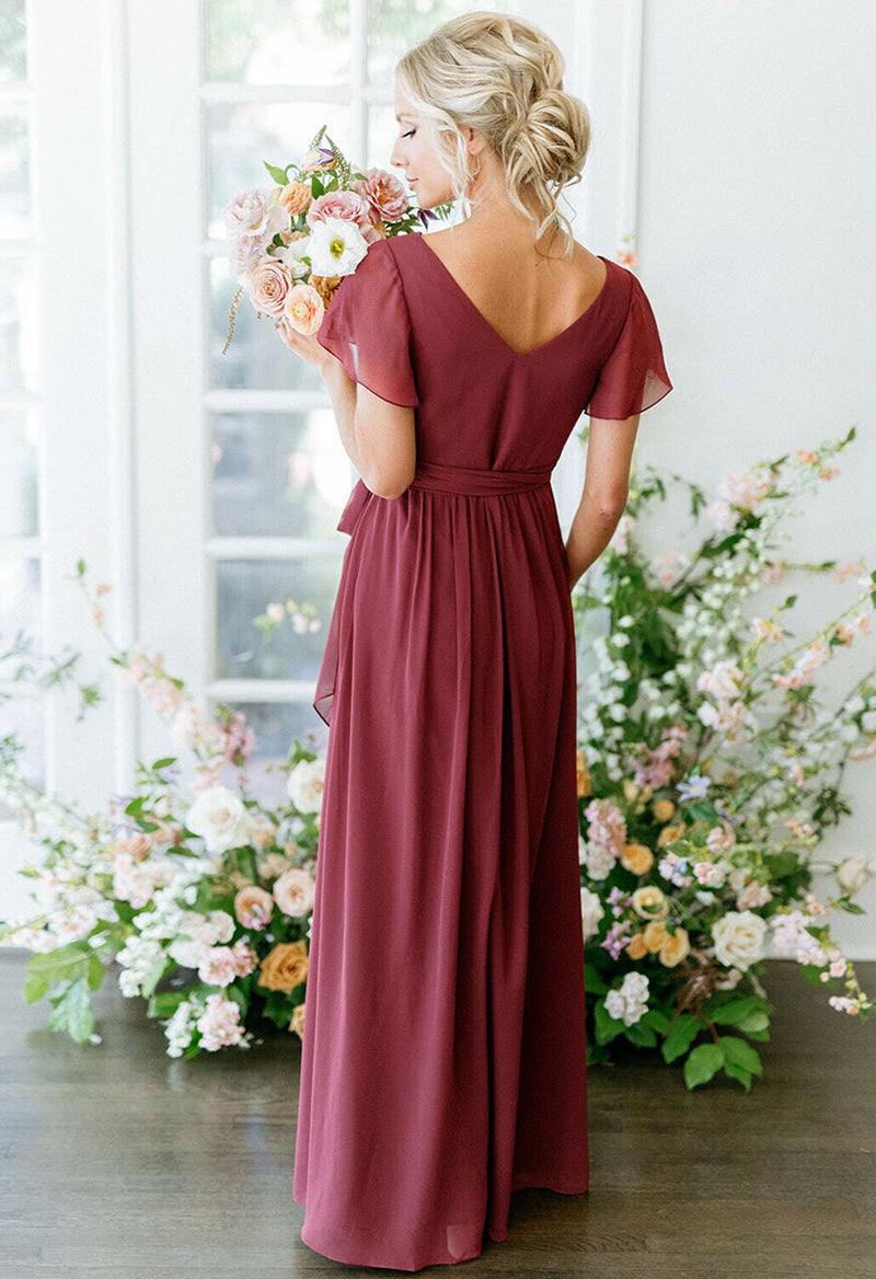 V Neck Chiffon Lace-Up Short Sleeved Bridesmaid Dress